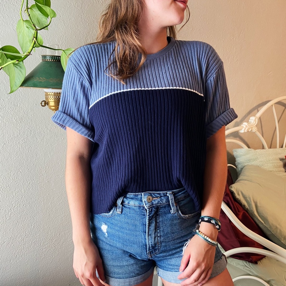 Two toned blue ribbed cropped tshirt